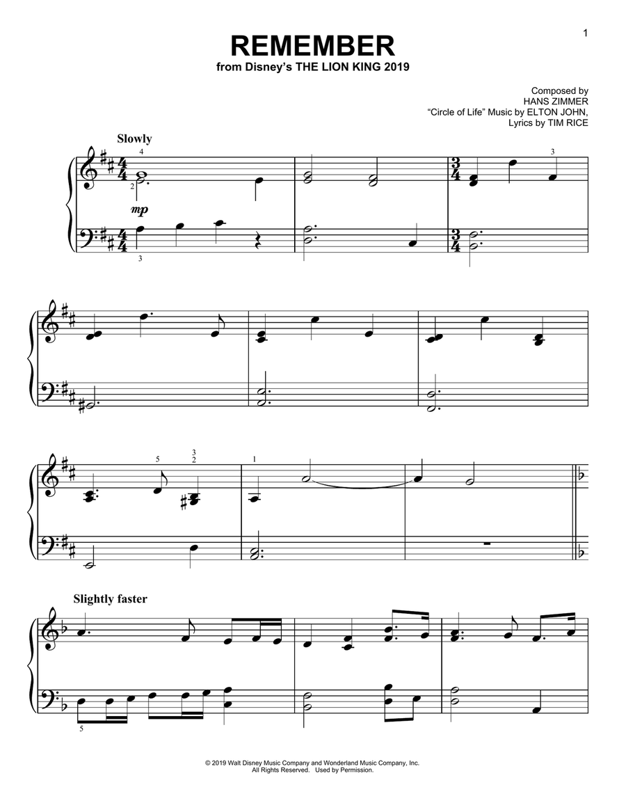 Remember (from The Lion King 2019) Easy Piano scores gallery preview page 1