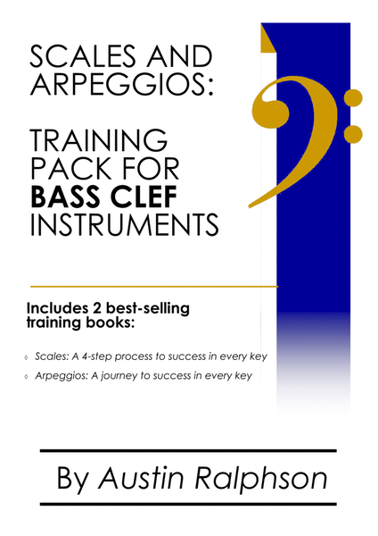 Scales and arpeggios book for all BASS CLEF instruments - simple process to success in every key.