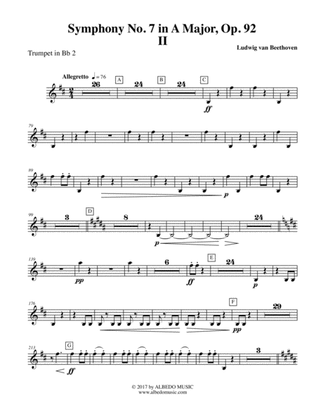 Beethoven Symphony No. 7, Movement II - Trumpet in Bb 2 (Transposed Part), Op. 92