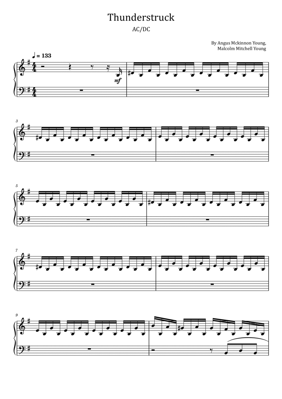 Thunderstruck Piano Solo scores gallery preview page 1