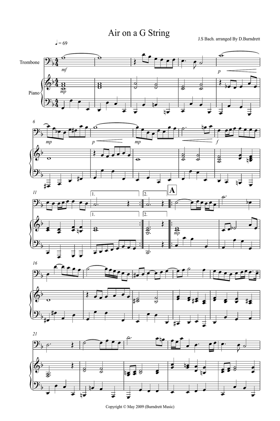 Air on a G String for Trombone and Piano by Johann Sebastian Bach