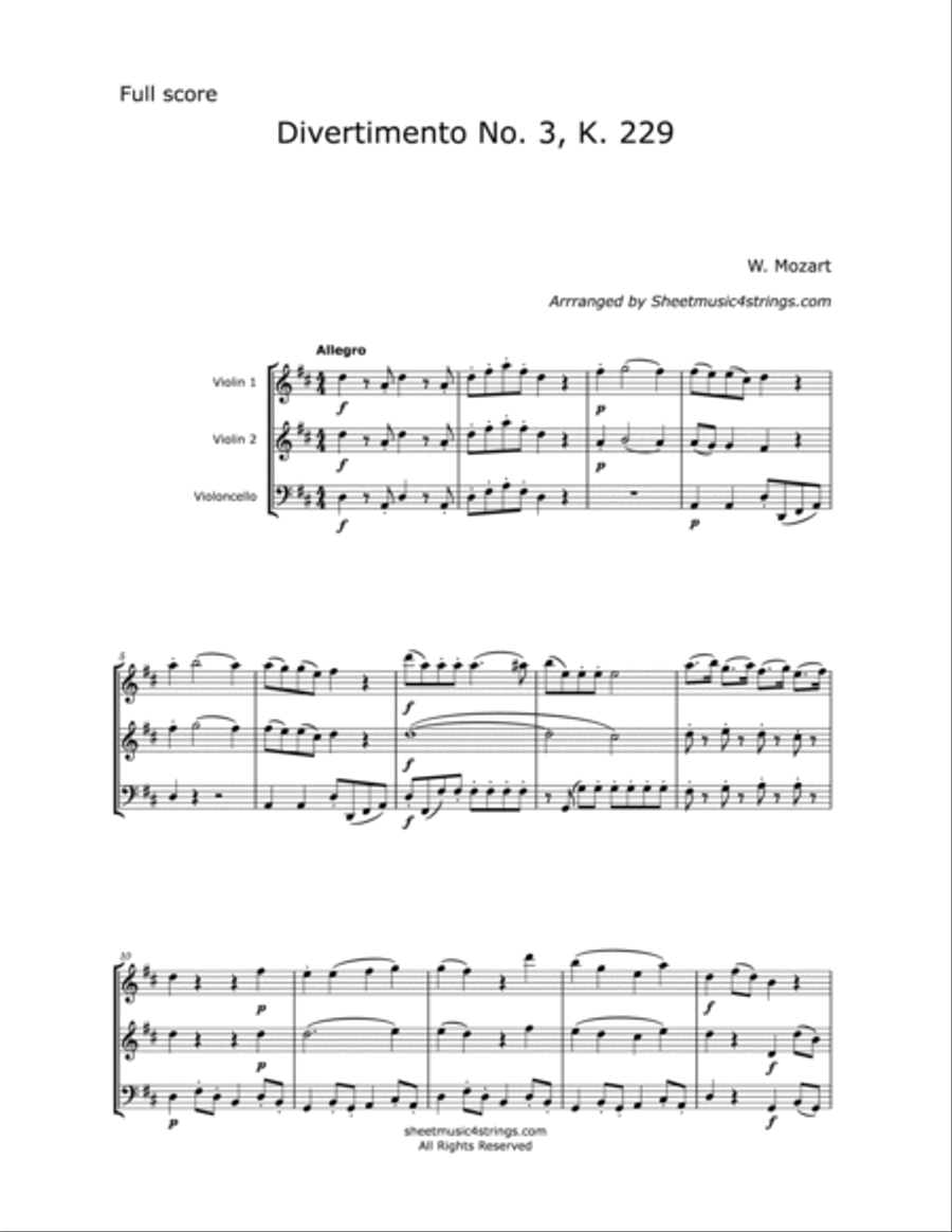 Mozart, W.A. - Divertimento No. 3, KV. 229 for 2 Violins and Cello String Trio scores gallery preview page 2