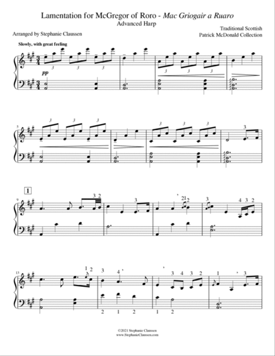 Lamentation for McGregor of Roro - Mac Griogair a Ruaro (Advanced Harp Solo) Harp scores gallery preview page 3