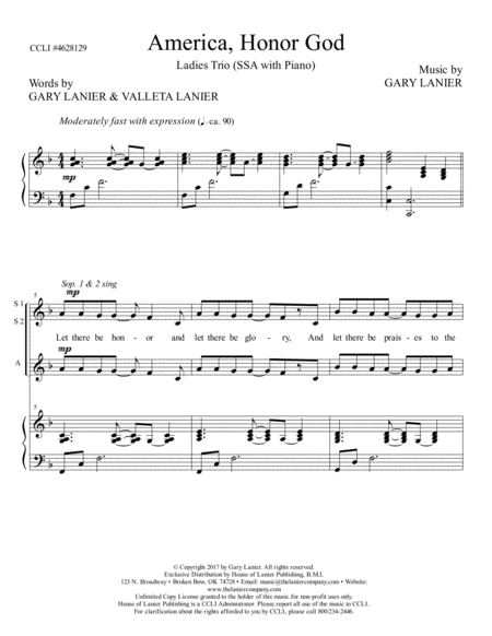 AMERICA, HONOR GOD (Ladies Trio - SSA with Piano & Score/Part) image number null