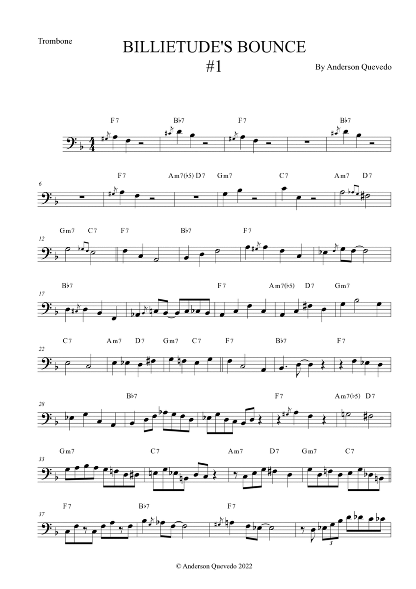 Billietude's Bounce #1 for Trombone - Easy Intermediate Blues/Jazz Original Etude image number null