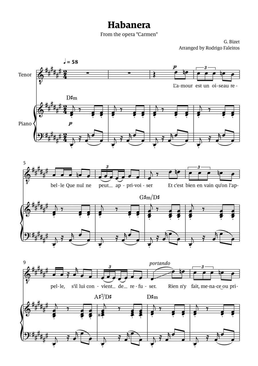 Habanera (for tenor - D# minor/ Eb major) Chamber Music scores gallery preview page 1