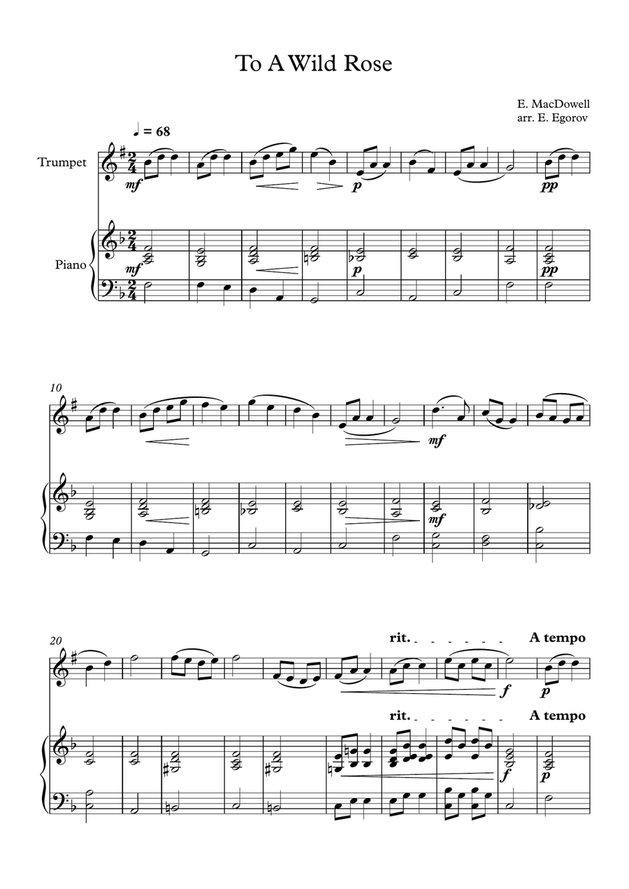 To A Wild Rose, Edward MacDowell, For Trumpet & Piano Trumpet Solo scores gallery preview page 1