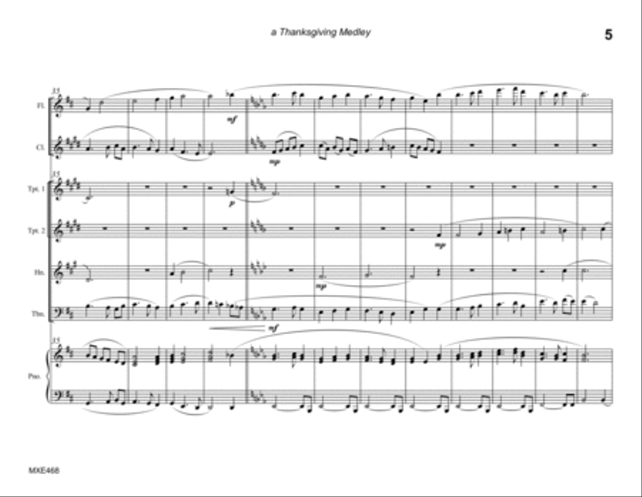 THANKSGIVING MEDLEY (4 hymn medley) - MIXED ENSEMBLE (Flute, Clarinet, 2 Trumpets, Horn & Trombone) Large Ensemble scores gallery preview page 5