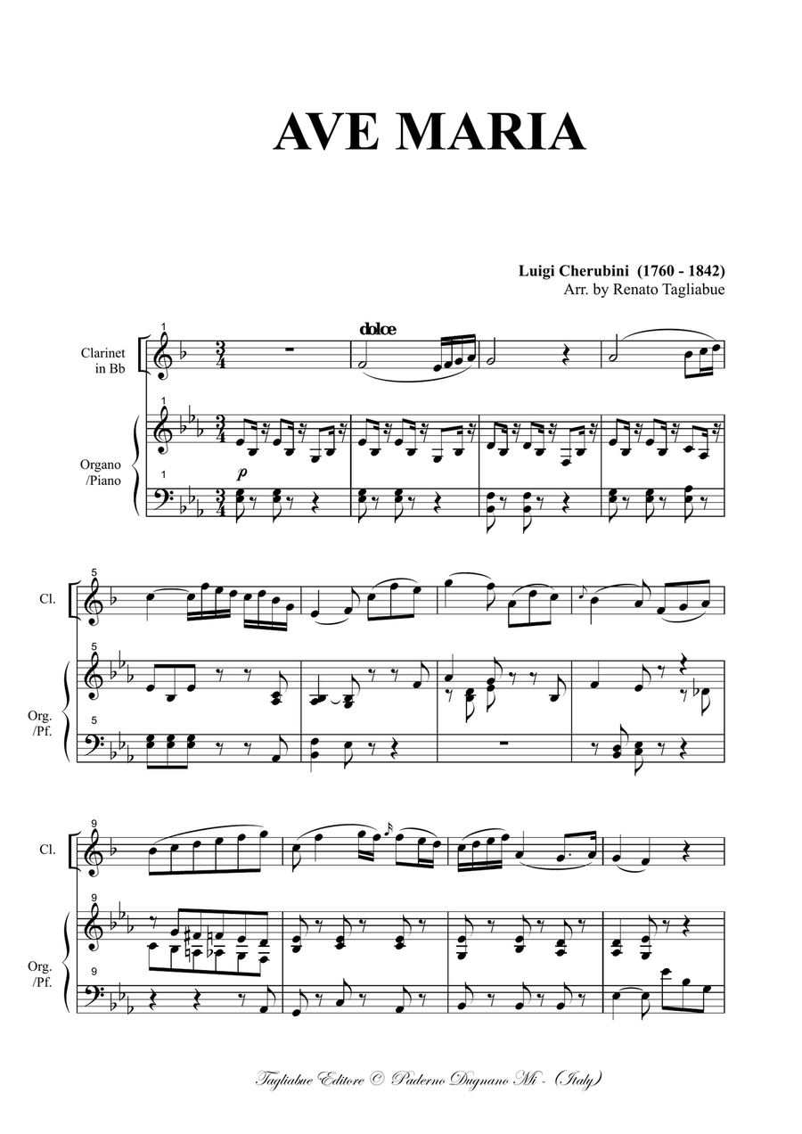 AVE MARIA - Cherubini - Arr. for SATB Choir, Clarinet in Bb and Organ - With Cl. Part - Score Only 4-Part scores gallery preview page 2