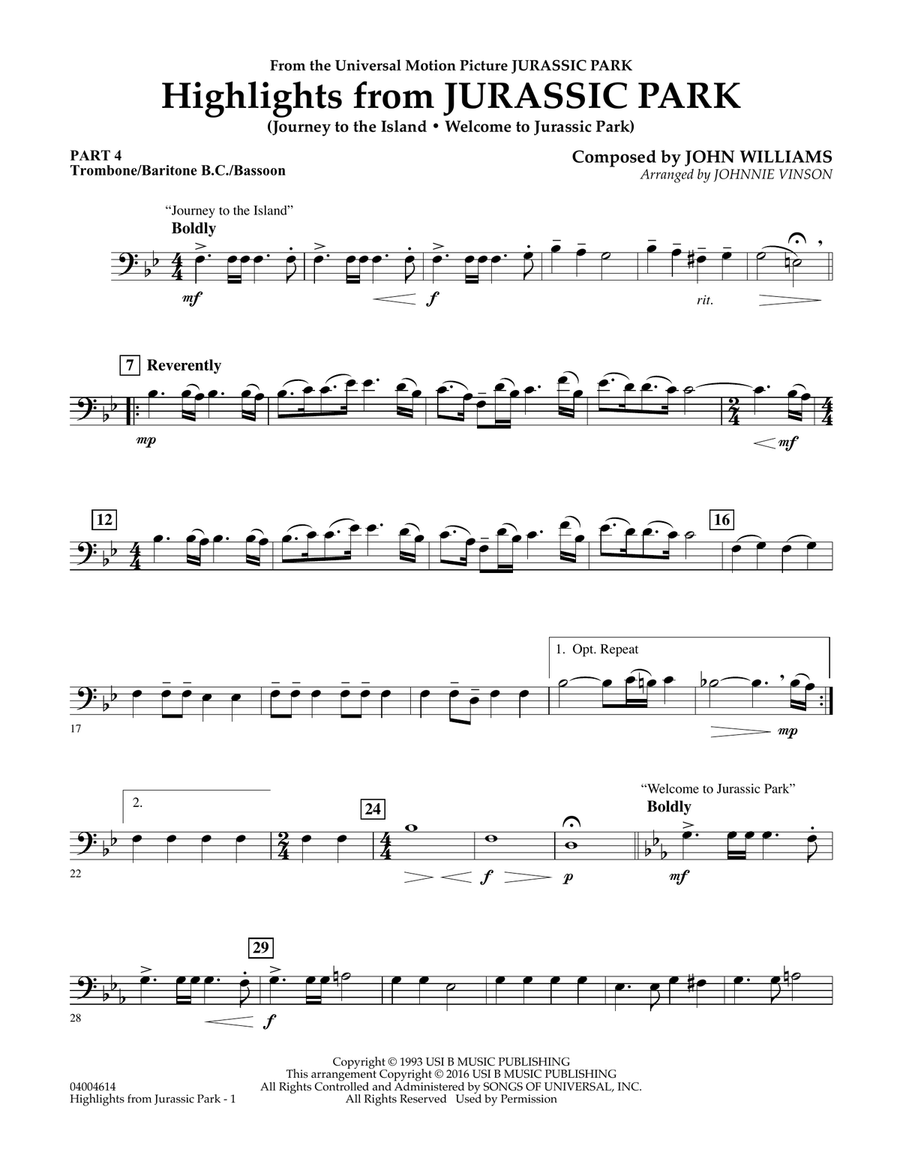 Highlights from Jurassic Park - Pt.4 - Trombone/Bar. B.C./Bsn. Concert Band scores gallery preview page 1