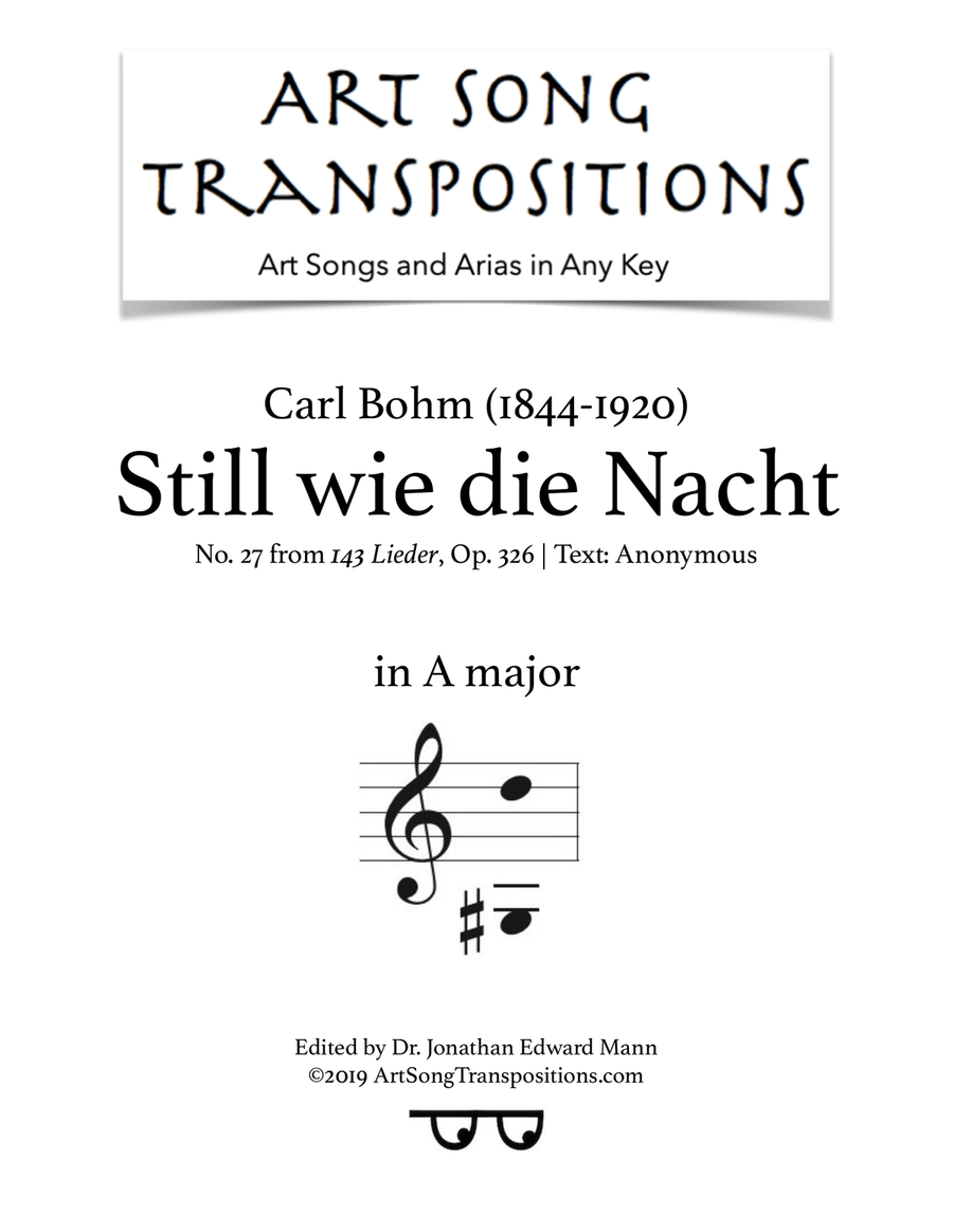 BOHM: Still wie die Nacht, Op. 326 no. 27 (transposed to A major) Voice scores gallery preview page 1