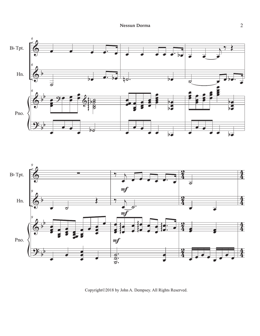 Nessun Dorma (Trio for Trumpet, Horn in F and Piano) Brass Trio scores gallery preview page 6