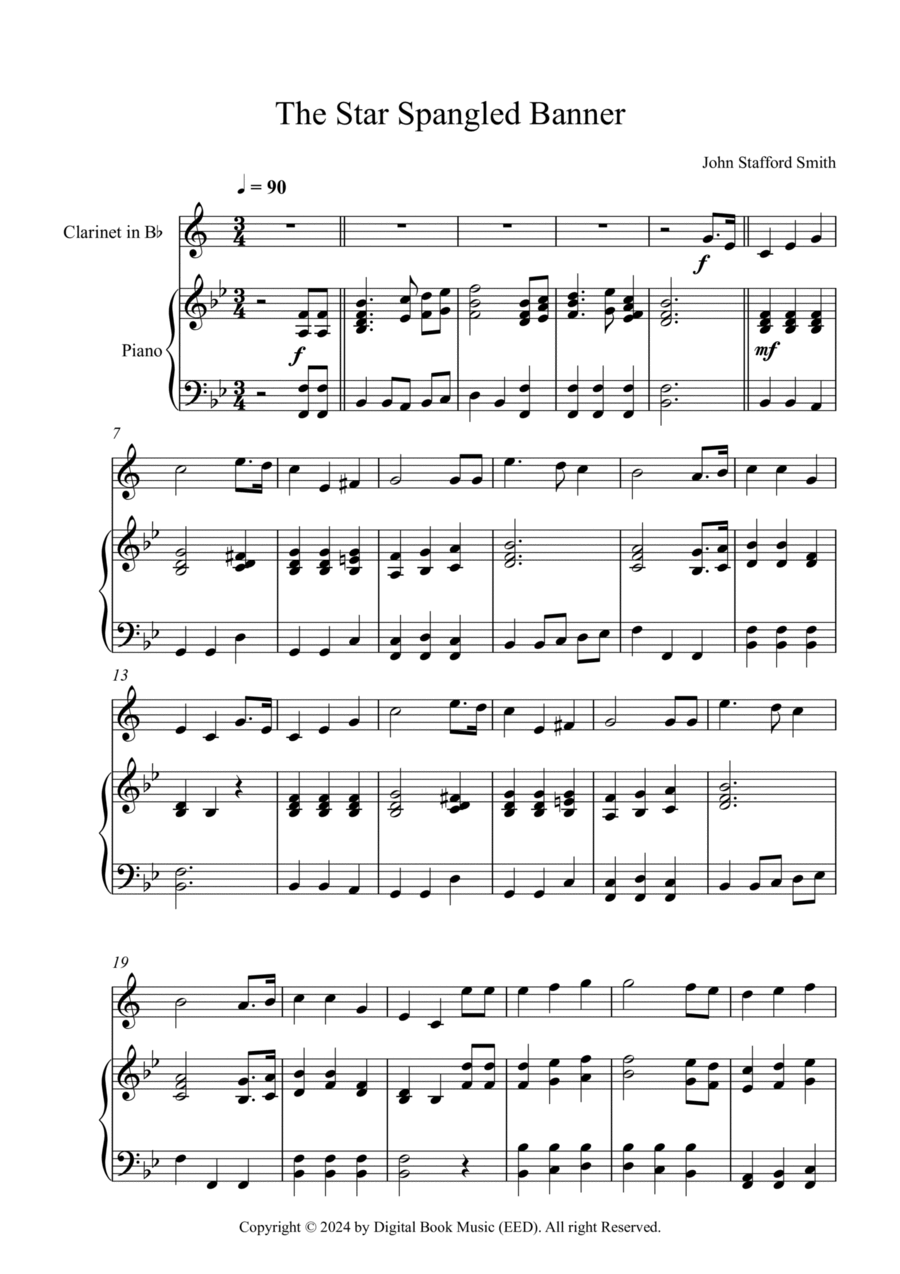 The Star Spangled Banner - John Stafford Smith (Clarinet + Piano) B-Flat Clarinet scores gallery preview page 1