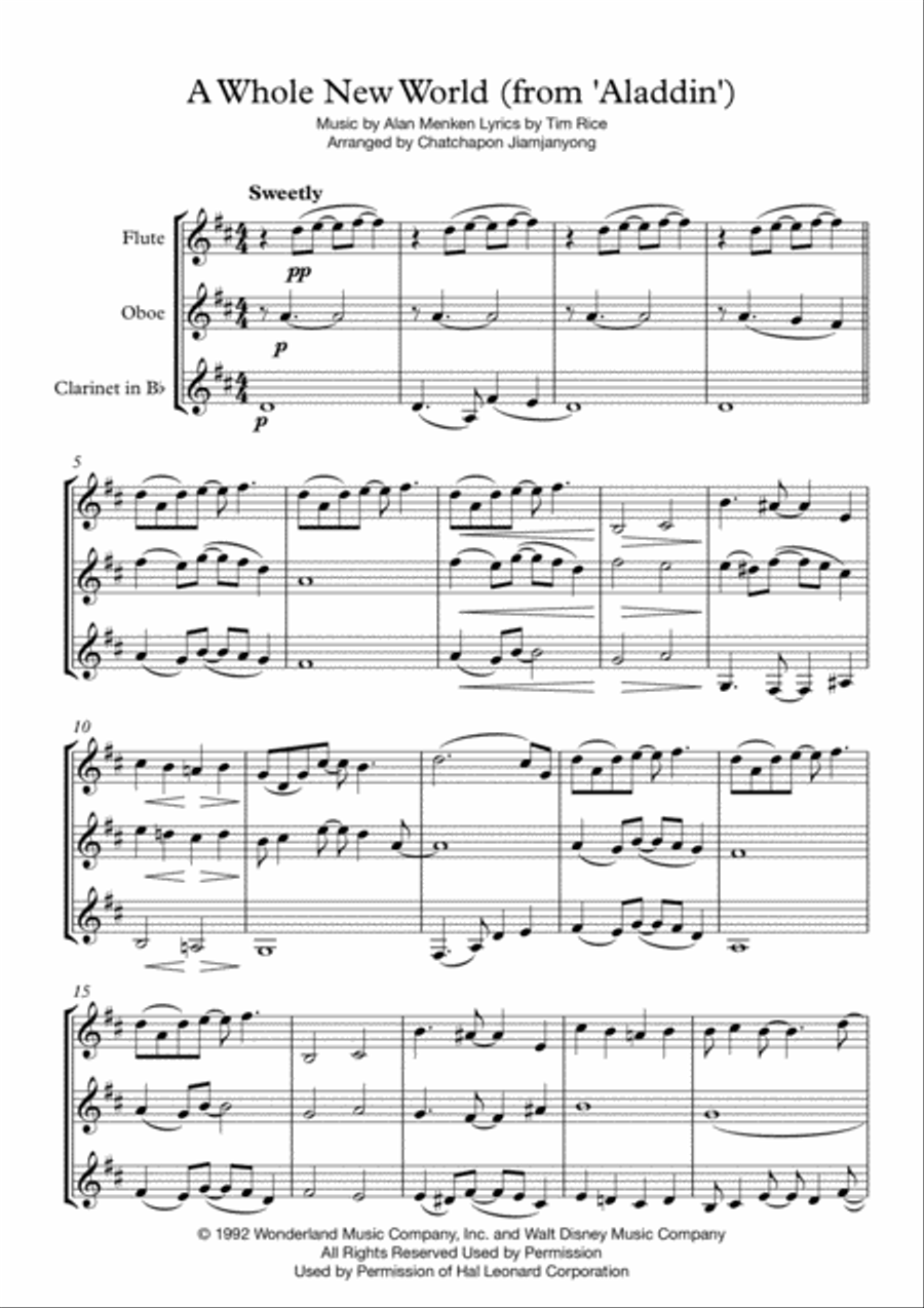 A Whole New World (from 'Aladdin') Woodwind Trio scores gallery preview page 1