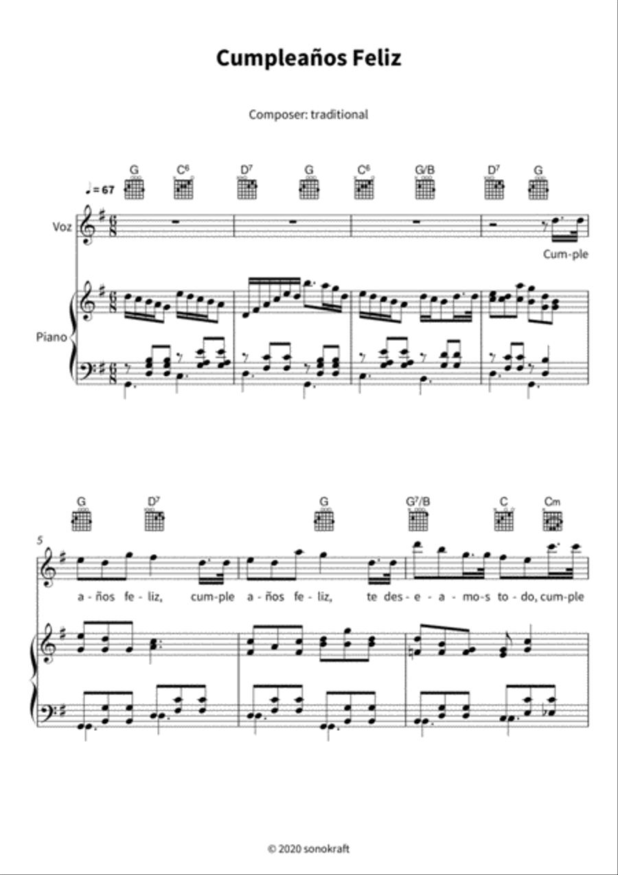 Cumpleanos Feliz Piano, Vocal, Guitar scores gallery preview page 3