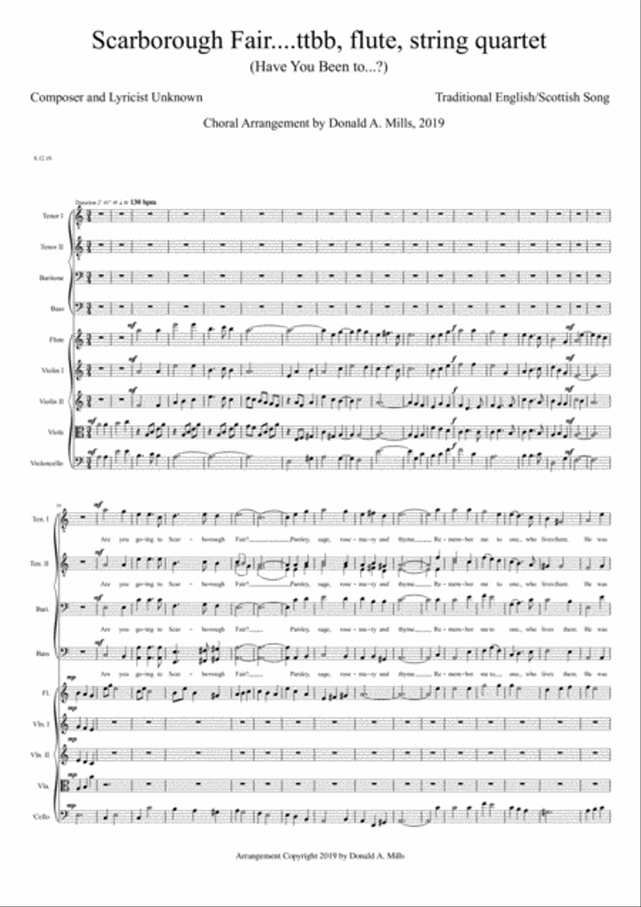 Scarborough Fair....ttbb, strings and flute TTBB scores gallery preview page 1