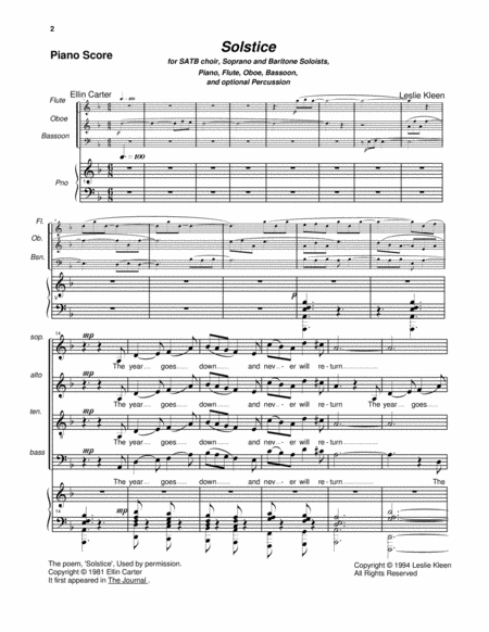 Solstice - Piano Score for SATB, soprano and baritone solos, piano, flute, oboe, bassoon