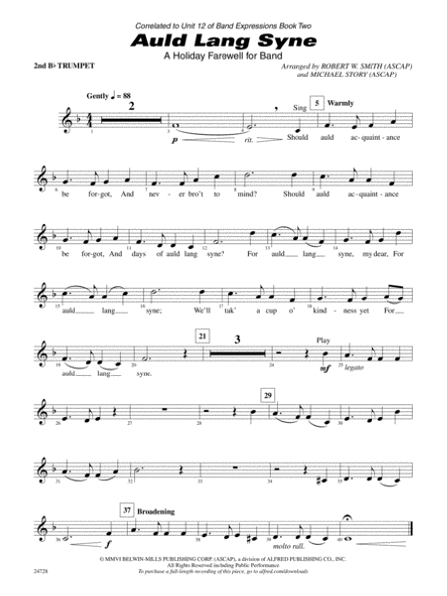 Auld Lang Syne (A Holiday Farewell for Band): 2nd B-flat Trumpet Concert Band scores gallery preview page 1