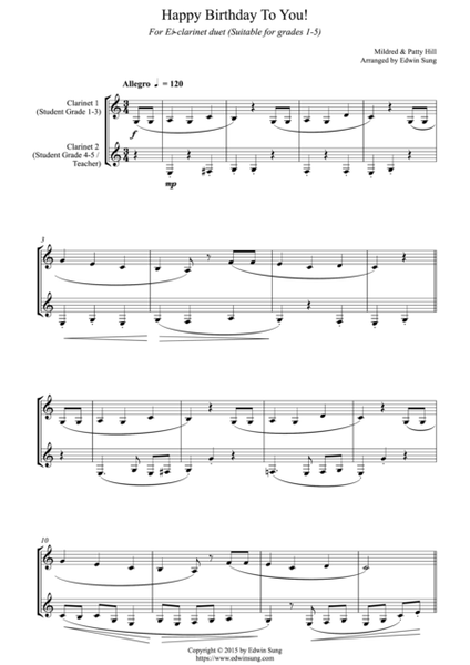 Happy Birthday To You! (for Eb-clarinet duet, suitable for grades 1-5) image number null