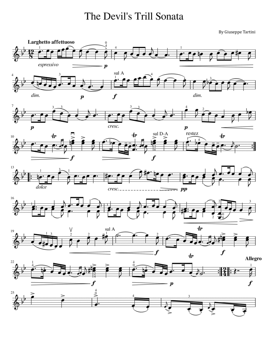 Tartini - The Devil's Trill Sonata - For Violin Solo With Fingered image number null