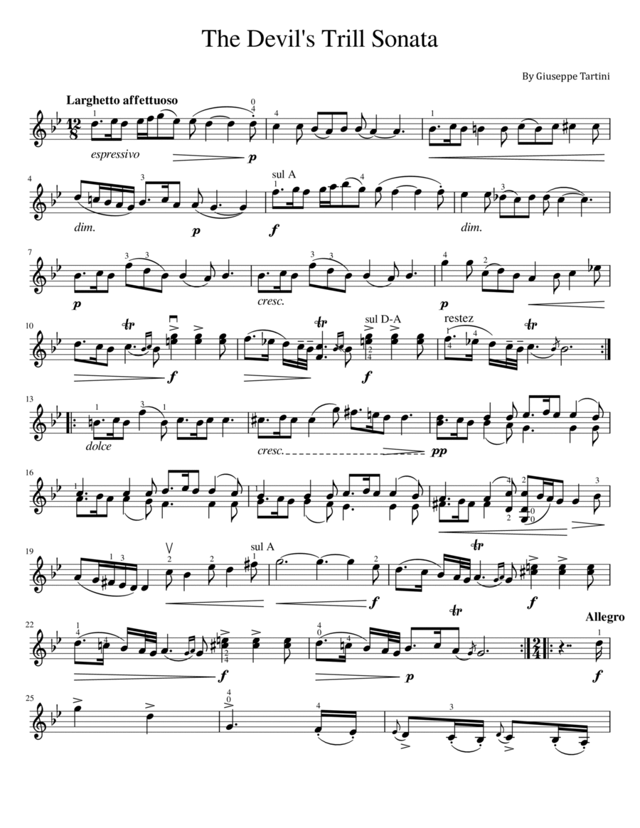 Tartini - The Devil's Trill Sonata - For Violin Solo With Fingered Violin Solo scores gallery preview page 1