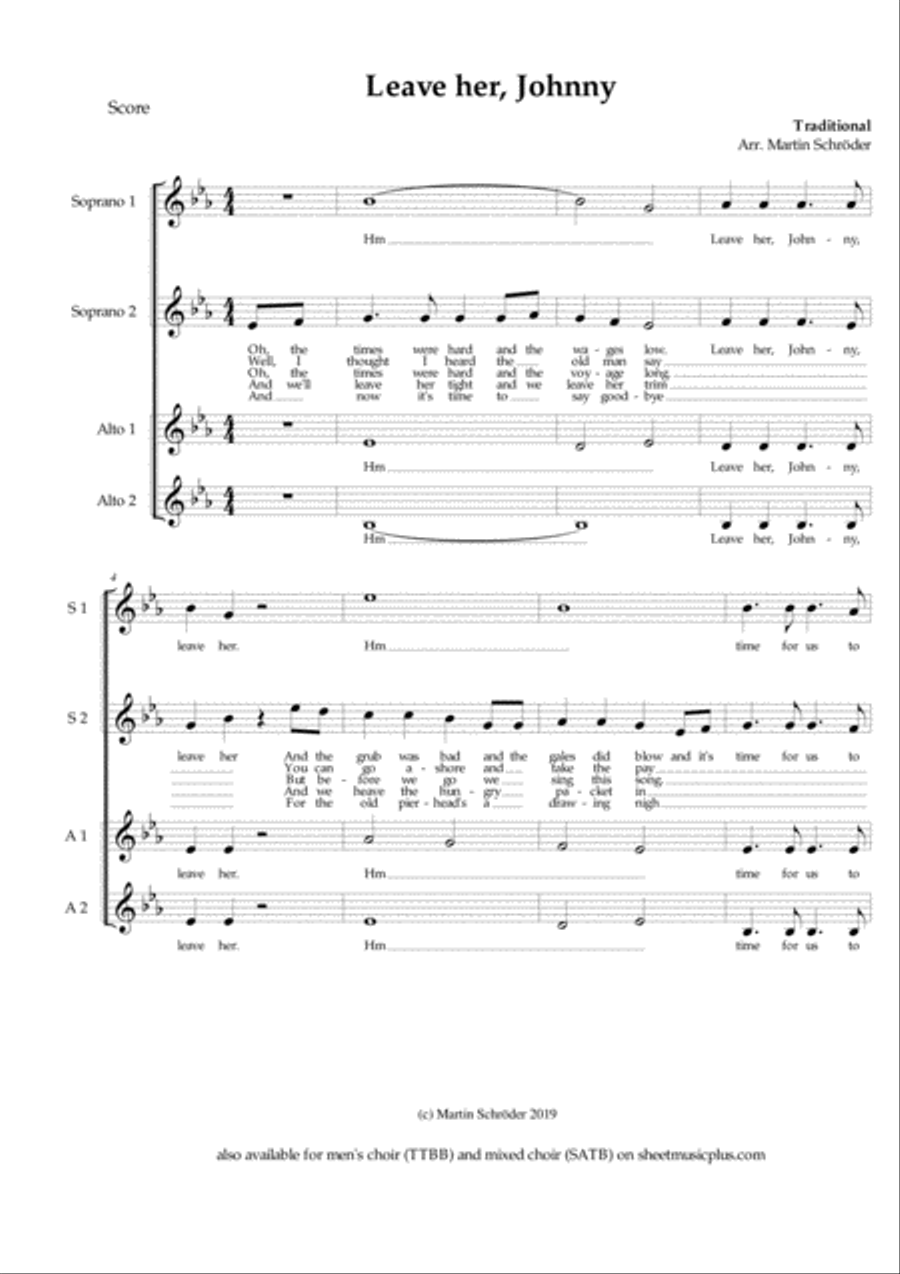 Leave her, Johnny (SSAA) - Sea Shanty arranged for women's choir (as performed by Die Blowboys) SSAA scores gallery preview page 2