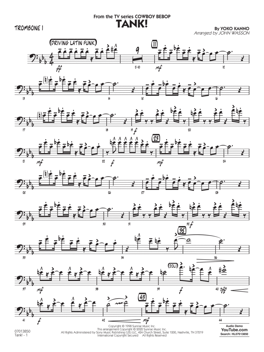 Tank! (from Cowboy Bebop) (arr. John Wasson) - Trombone 1 Jazz Ensemble scores gallery preview page 1
