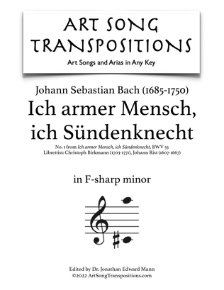 Book cover for BACH: Ich armer Mensch, ich Sündenknecht, BWV 55 (transposed to F-sharp minor)
