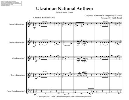 Ukrainian National Anthem for Recorder Quintet MFAO World National Anthem Series image number null
