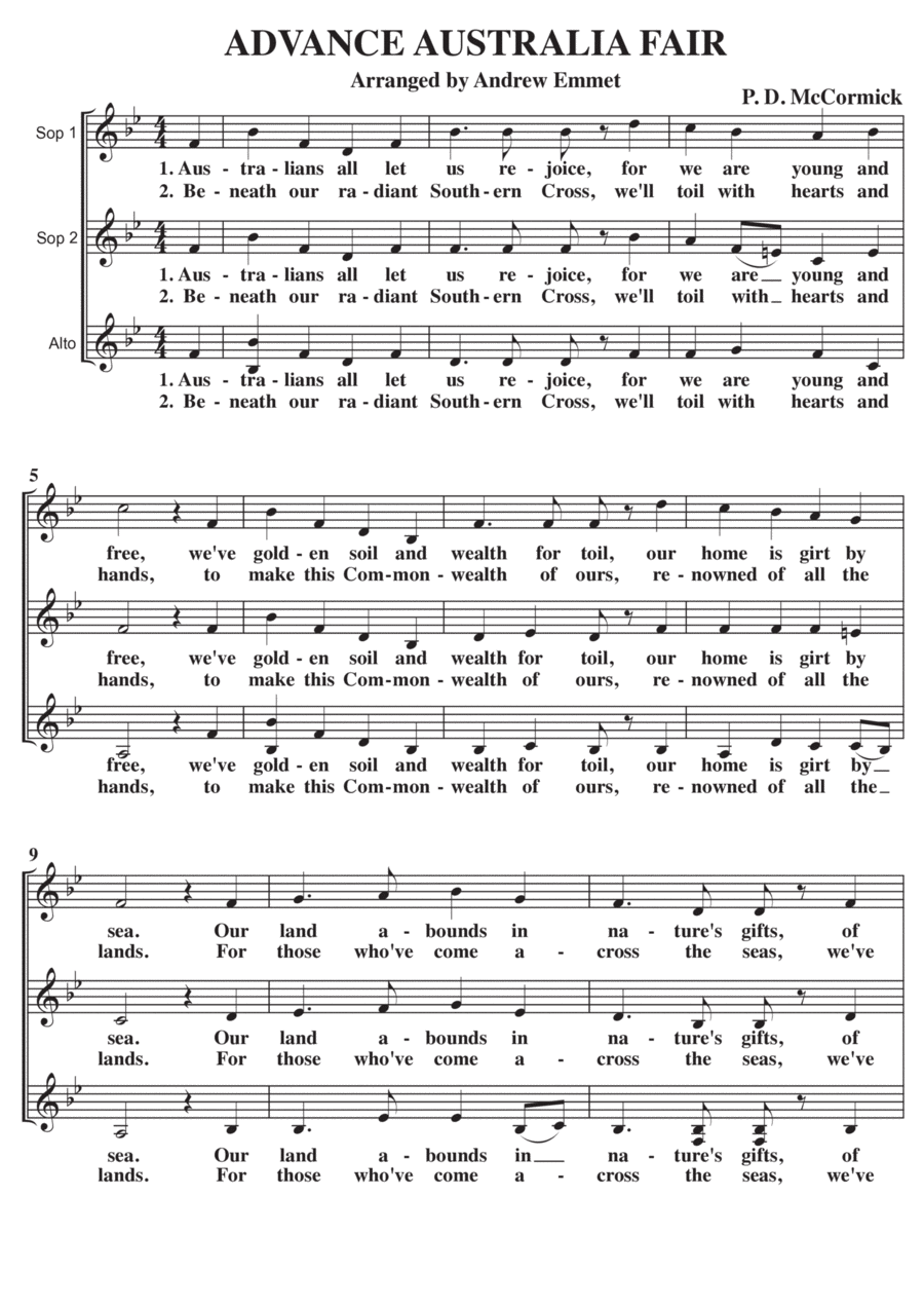 Advance Australia Fair A Cappella SSA SSA scores gallery preview page 1