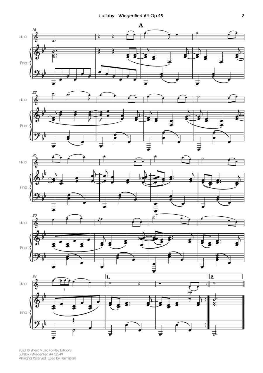 Brahms' Lullaby - Bb Clarinet and Piano (Full Score and Parts) B-Flat Clarinet scores gallery preview page 4