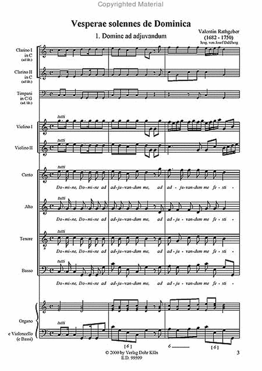 Vesperae solennes de Dominica für Soli, Chor, 2 Trompeten o. Hörner und Pauken ad lib., 2 Violinen und Basso continuo (1732)