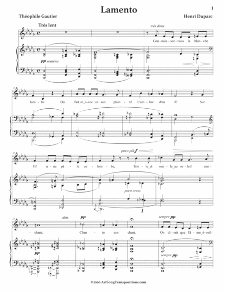 DUPARC: Lamento (transposed to B-flat minor) Voice scores gallery preview page 2