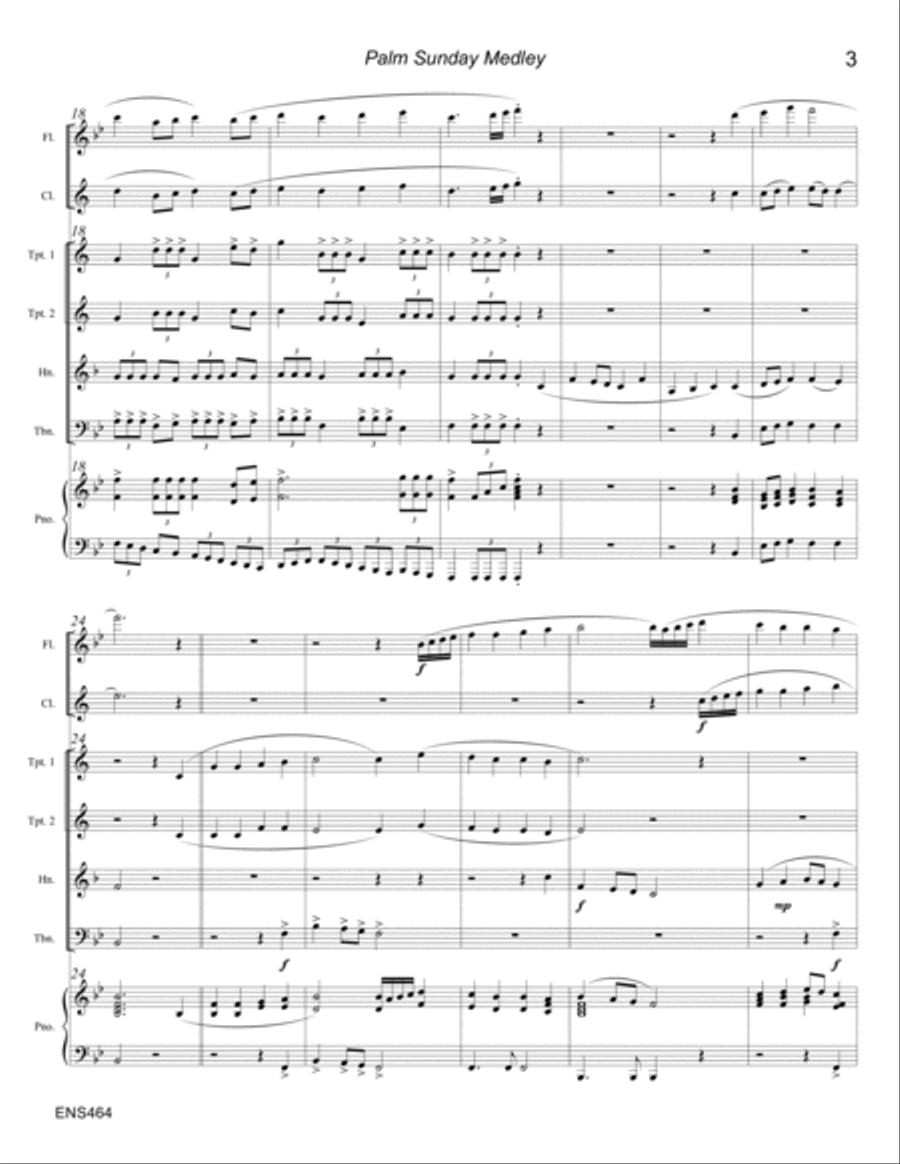 PALM SUNDAY MEDLEY - MIXED ENSEMBLE with PIANO (Flute, Clarinet, 2 Trumpets, Horn, Trombone) Large Ensemble scores gallery preview page 3