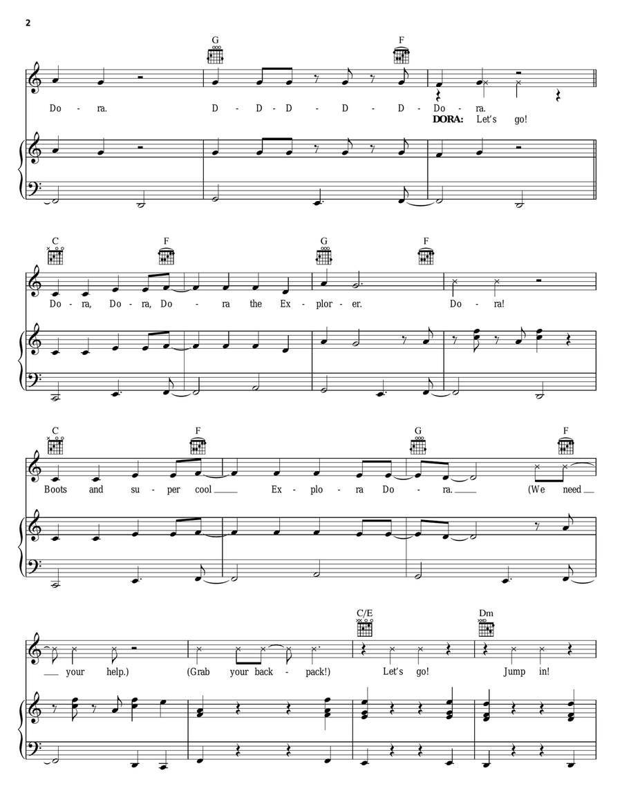 Dora The Explorer Theme Song Piano, Vocal, Guitar scores gallery preview page 2