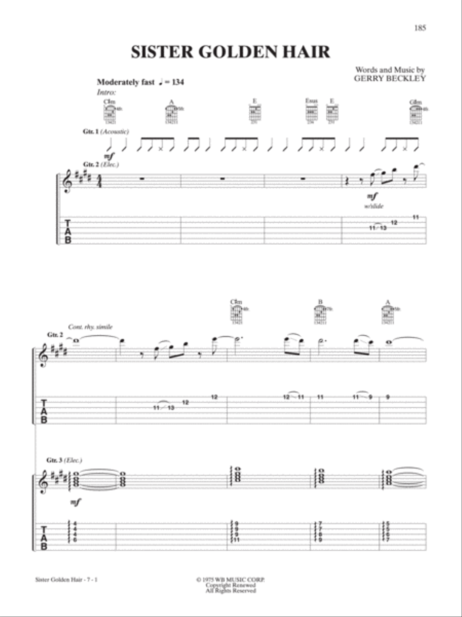 Sister Golden Hair Guitar Tablature scores gallery preview page 1