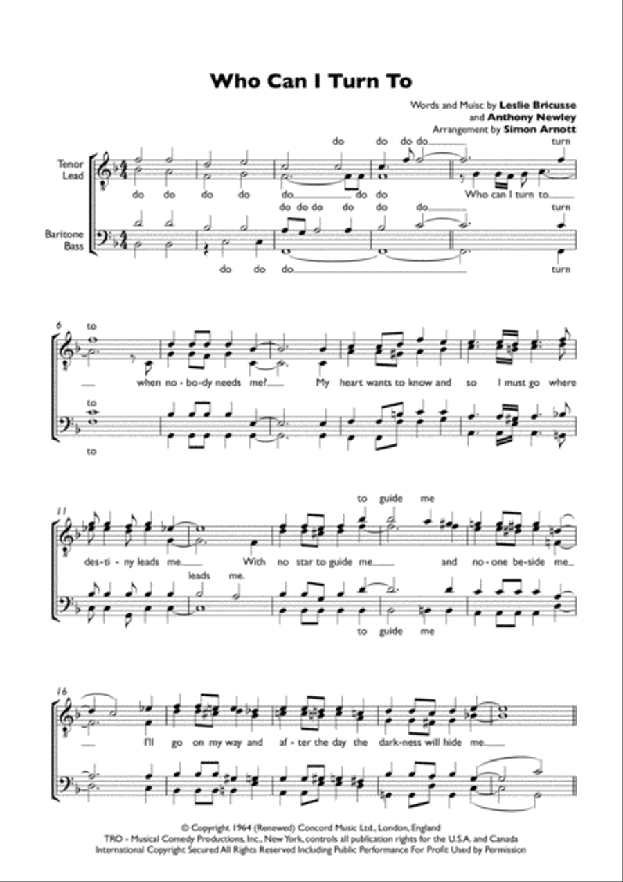 Who Can I Turn To (when Nobody Needs Me) TTBB scores gallery preview page 1