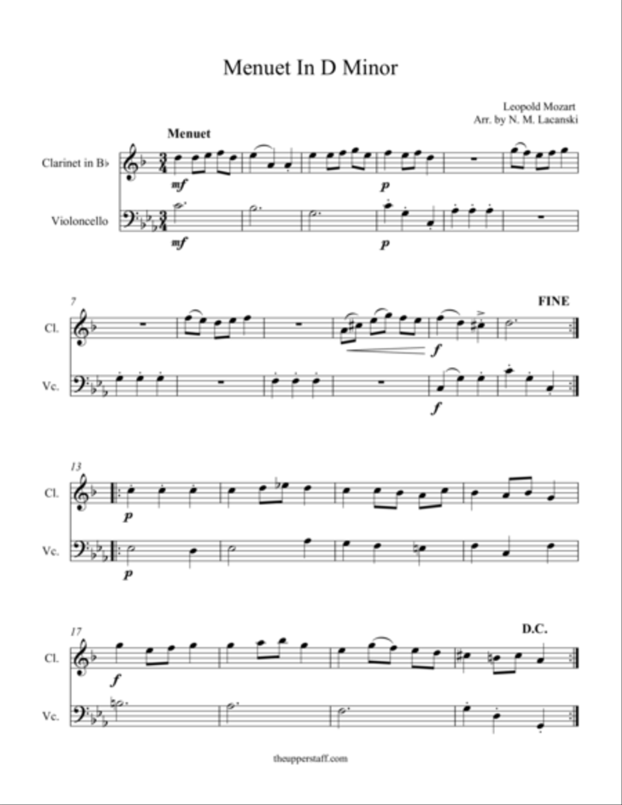 Menuet in D Minor Clarinet scores gallery preview page 1