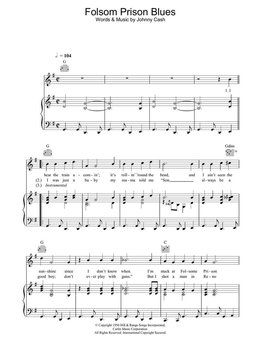 Folsom Prison Blues Piano, Vocal, Guitar scores gallery preview page 1