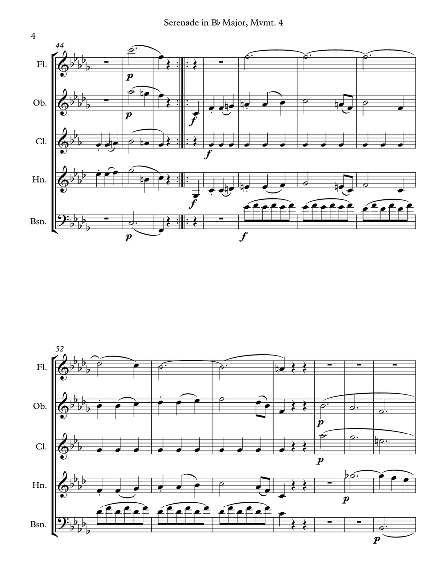 Mozart: Serenade in Bb Major, K. 361 (Gran Partita) for Wind Quintet Mvmt. 4 (Menuetto II) Woodwind Quintet scores gallery preview page 4