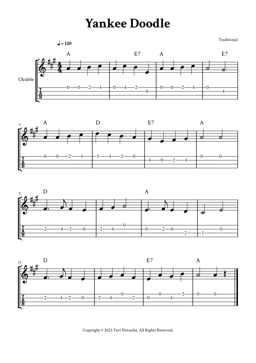 Yankee Doodle - For Ukulele (A Major - with TAB and Chords) Ukulele scores gallery preview page 1