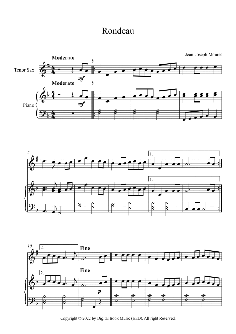 Rondeau - Jean-Joseph Mouret (Tenor Sax + Piano) Tenor Saxophone scores gallery preview page 1