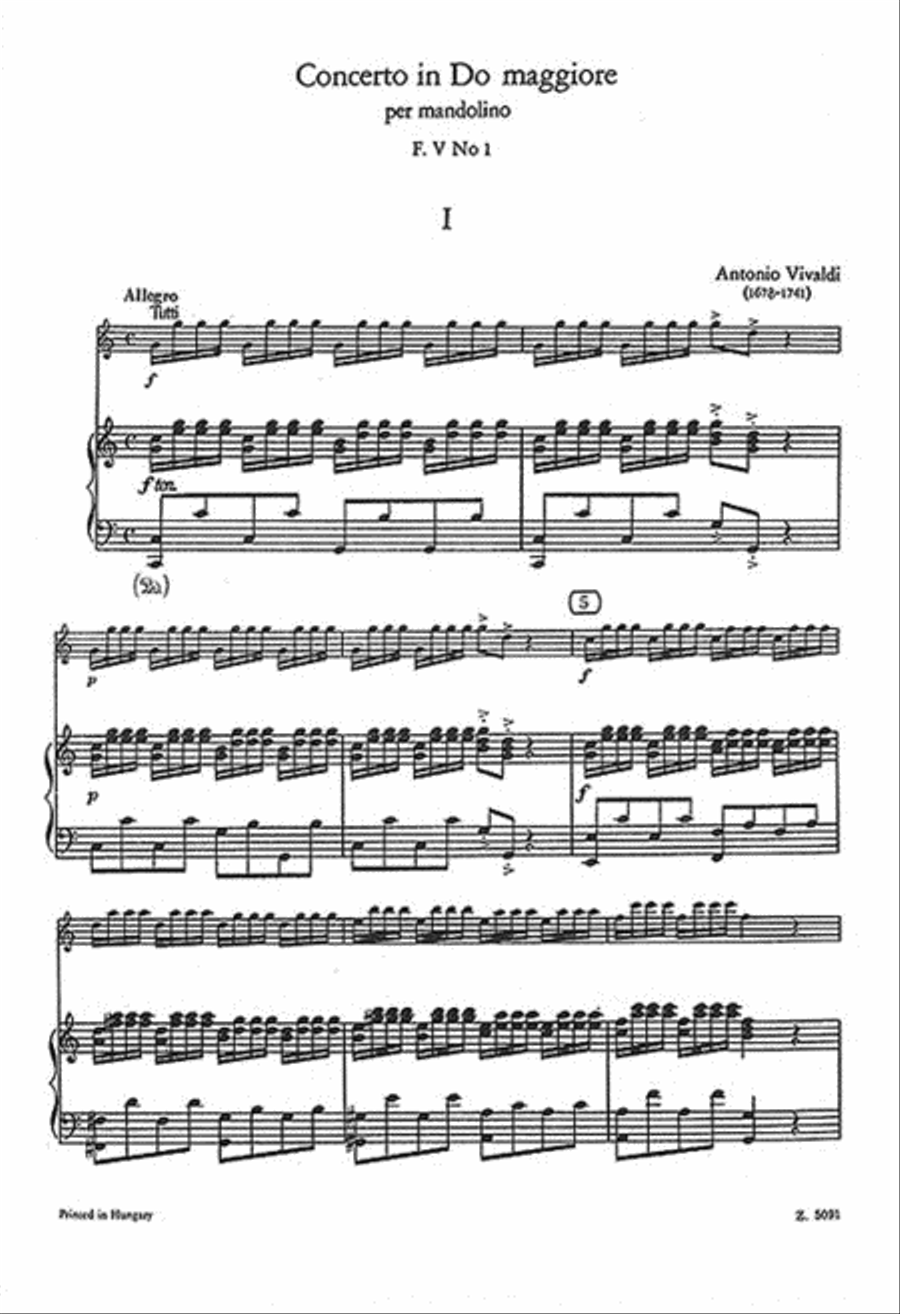 Concerto In C Major for Mandolin (or Guitar), Strings, and Continuo RV425 Piano Reduction