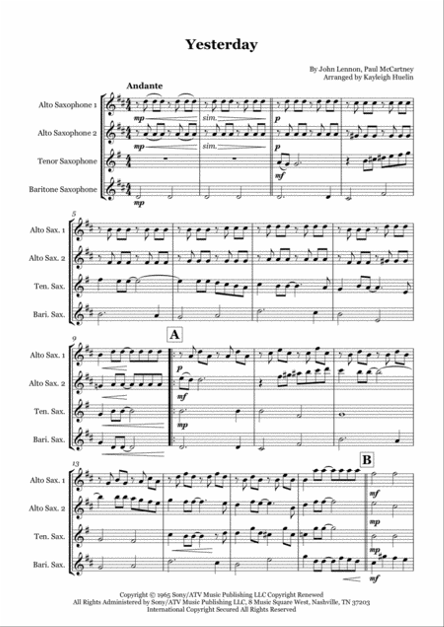 Yesterday Saxophone Quartet scores gallery preview page 1