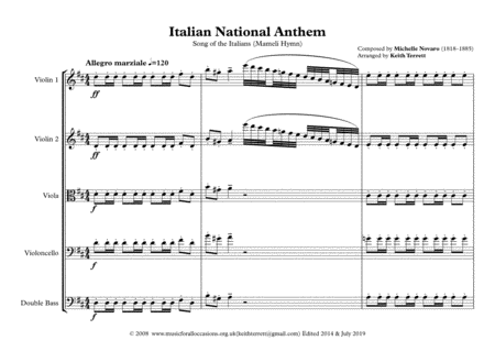 Italian National Anthem for String Orchestra ("Il Canto degli Italiani") - Mameli's Hymn image number null