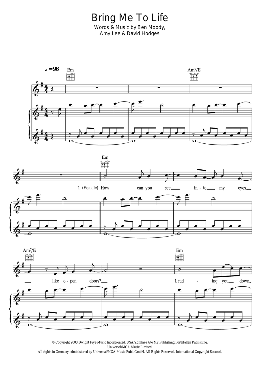 Bring Me To Life Bring Me To Life Piano, Vocal, Guitar scores gallery preview page 1