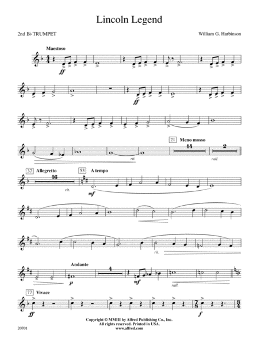Lincoln Legend: 2nd B-flat Trumpet Concert Band scores gallery preview page 1