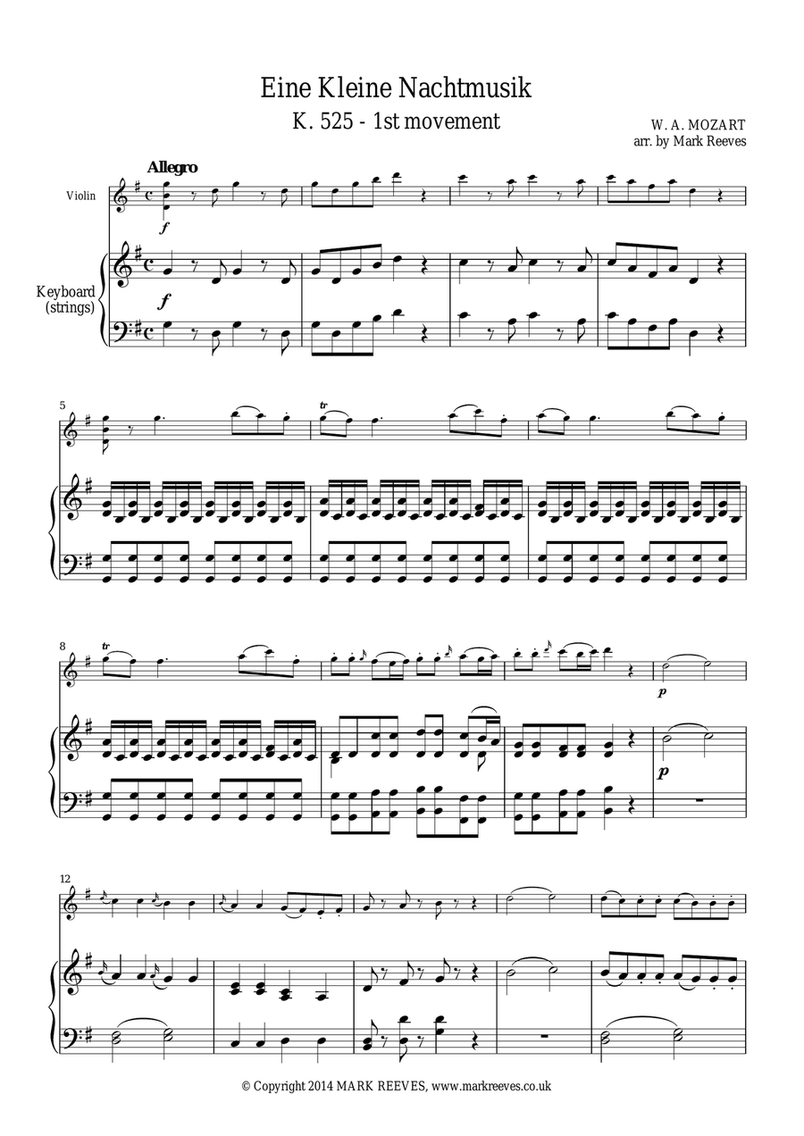 Eine Kleine Nachtmusik (for violin and piano/keyboard) Violin Solo scores gallery preview page 1