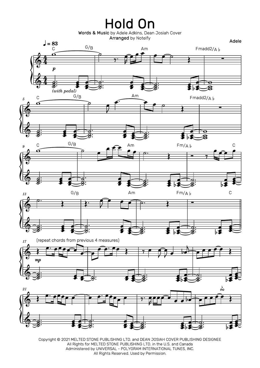 Hold On Piano Solo scores gallery preview page 1