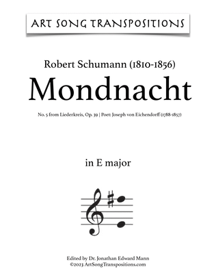 Book cover for SCHUMANN: Mondnacht, Op. 39 no. 5 (transposed to E major, E-flat major, and D major)